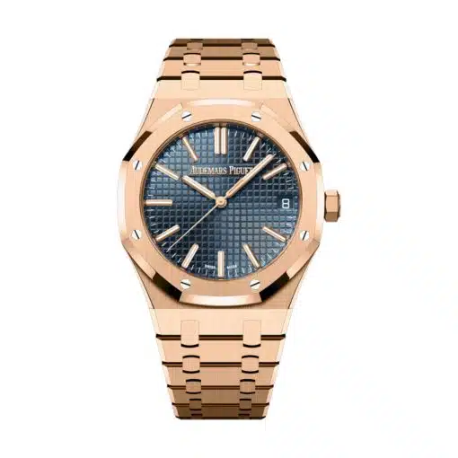 Best replica Audemars Piguet 15510OR.OO.1320OR.03 Royal Oak Blue Dial Pink Gold Bracelet Watch watch