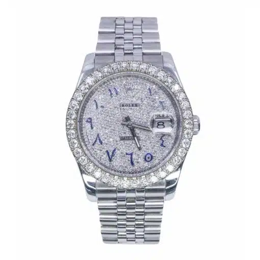 replica iced out Rolex 116234 Datejust 36mm Aftermarket Diamond Dial and Bezel Jubilee Arabic-Indic Numerals Watch