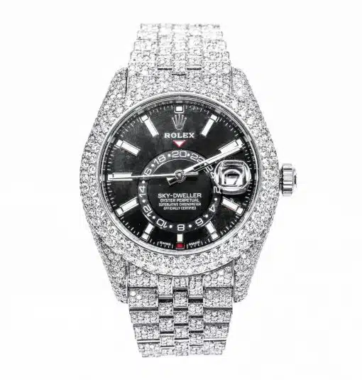 replica iced out Rolex 326934 Sky-Dweller Black Dial Diamonds Watch